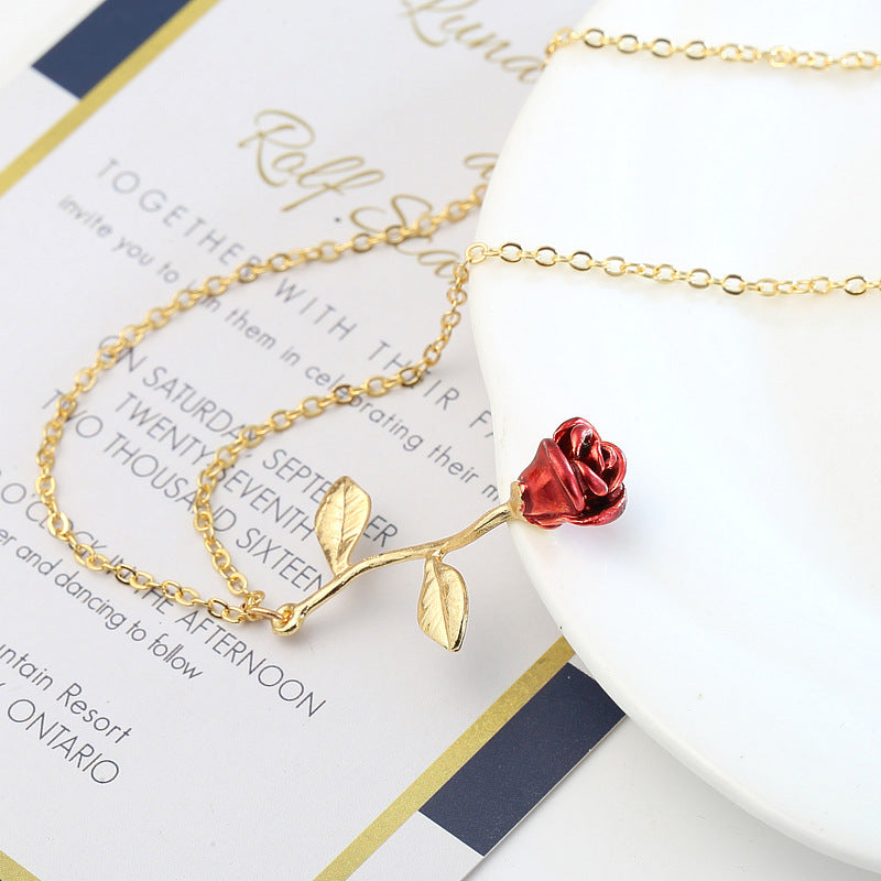 Collier Rose Rouge - Alliage Doré & Pendentif Fleur