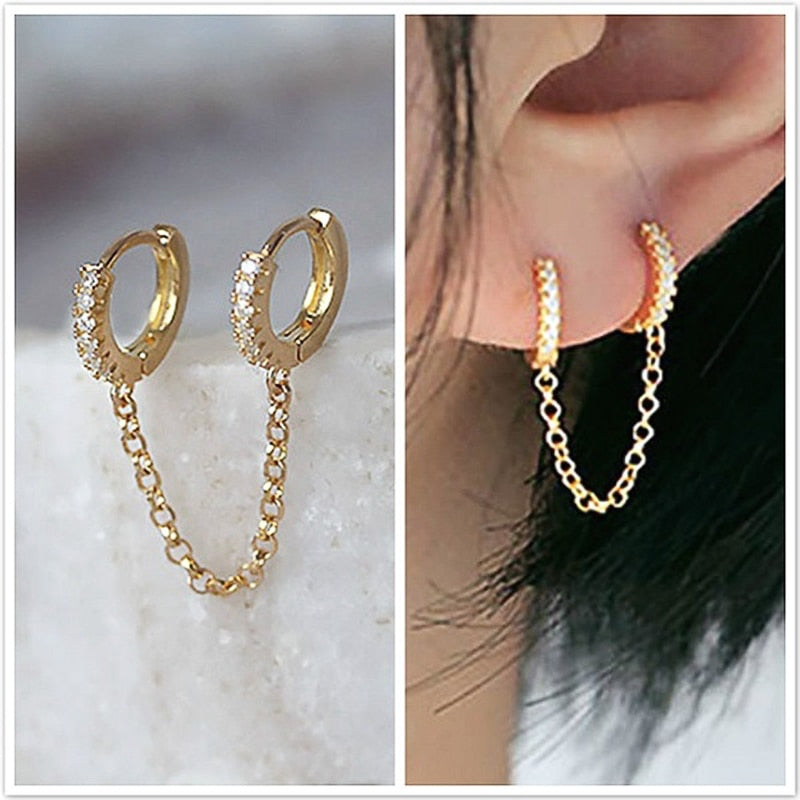 Boucle d’Oreille Double Piercing – Chaîne & Zircon Étincelant