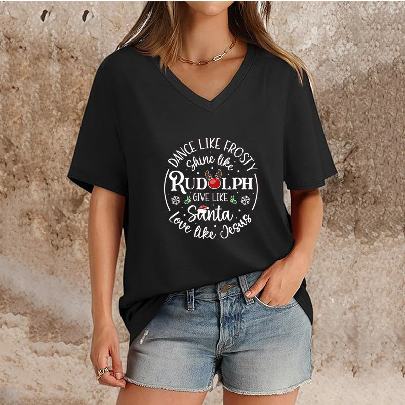 T-shirt de Noël à col en V et manches courtes pour femme