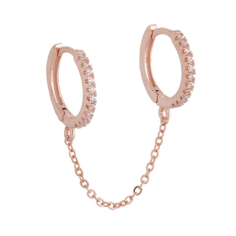 Boucle d’Oreille Double Piercing – Chaîne & Zircon Étincelant
