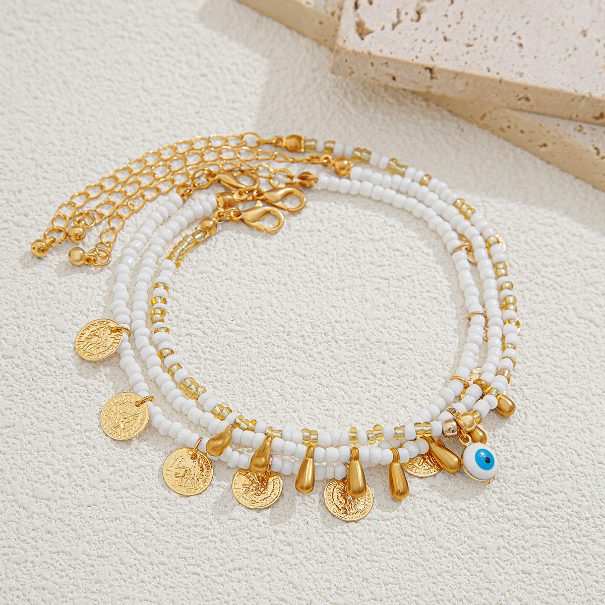 Set de Bracelets de Cheville x3 – Perles Colorées & Goutte d’Eau Style Plage