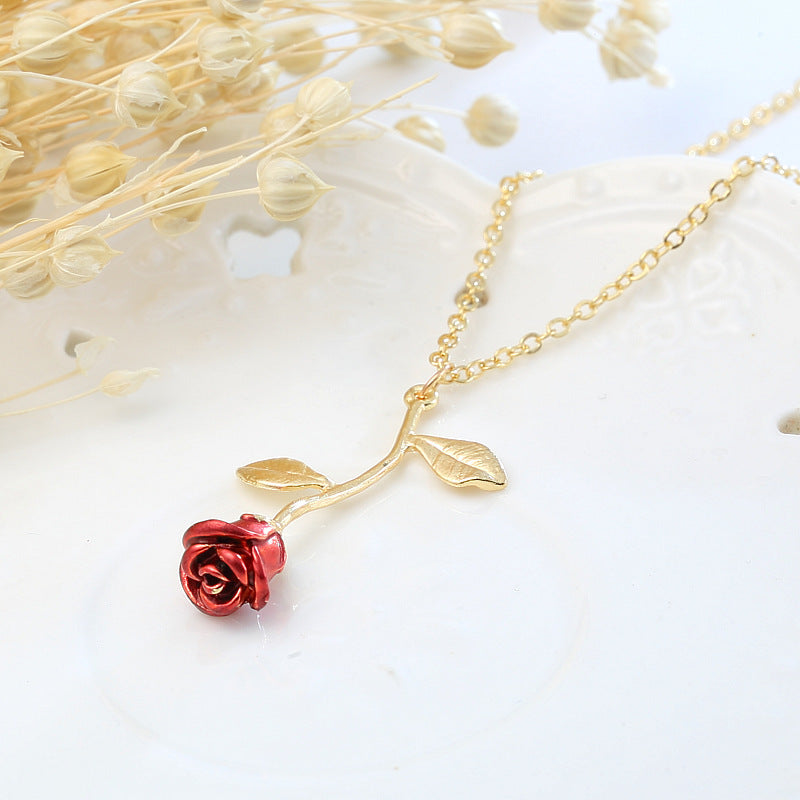 Collier Rose Rouge - Alliage Doré & Pendentif Fleur