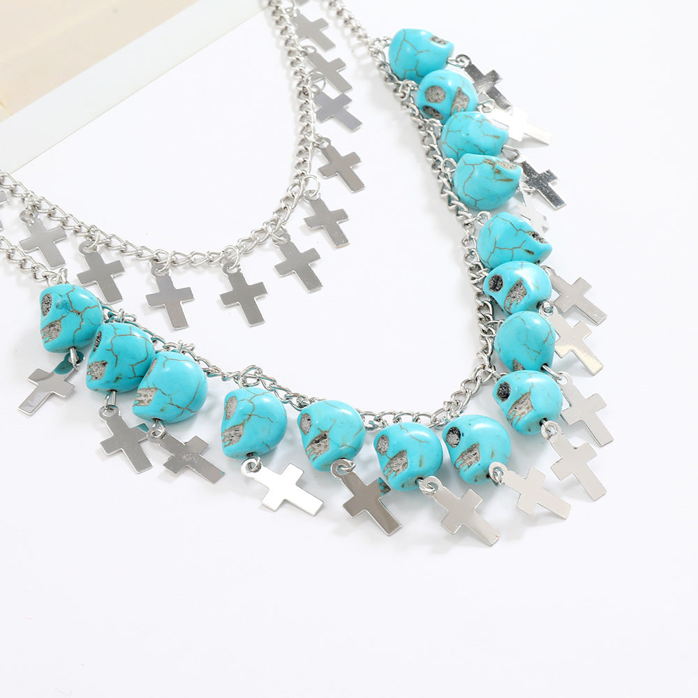 Collier Double Chaîne – Têtes de Mort & Croix Argentées