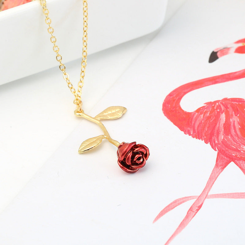 Collier Rose Rouge - Alliage Doré & Pendentif Fleur
