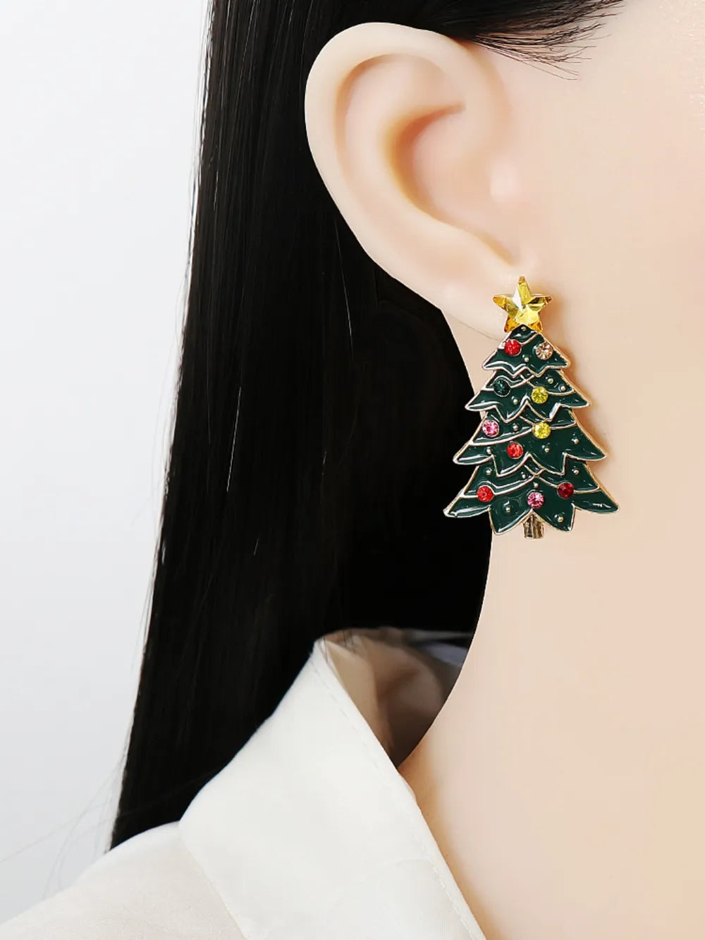 Boucles d’Oreilles Sapin de Noël Vert – Strass & Esprit de Fête
