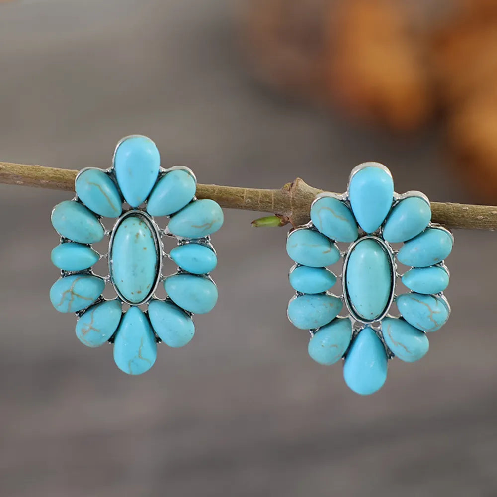 Boucles d’Oreilles Fleur Turquoise – Alliage Doré & Pierre Artificielle
