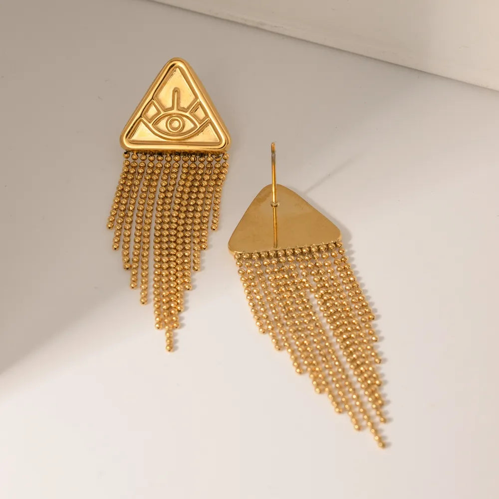 Boucles d’Oreilles Triangle Doré – Œil Mystique & Chaînes Pendantes