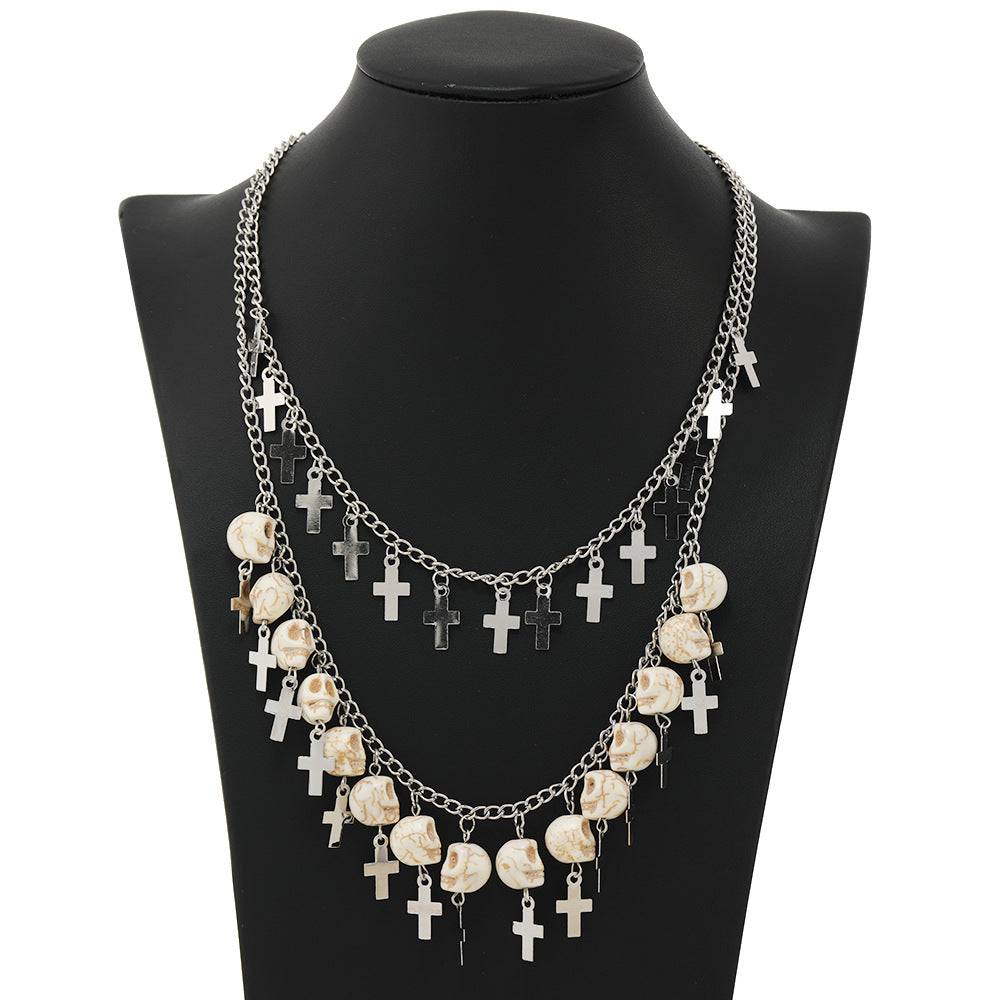 Collier Double Chaîne – Têtes de Mort & Croix Argentées