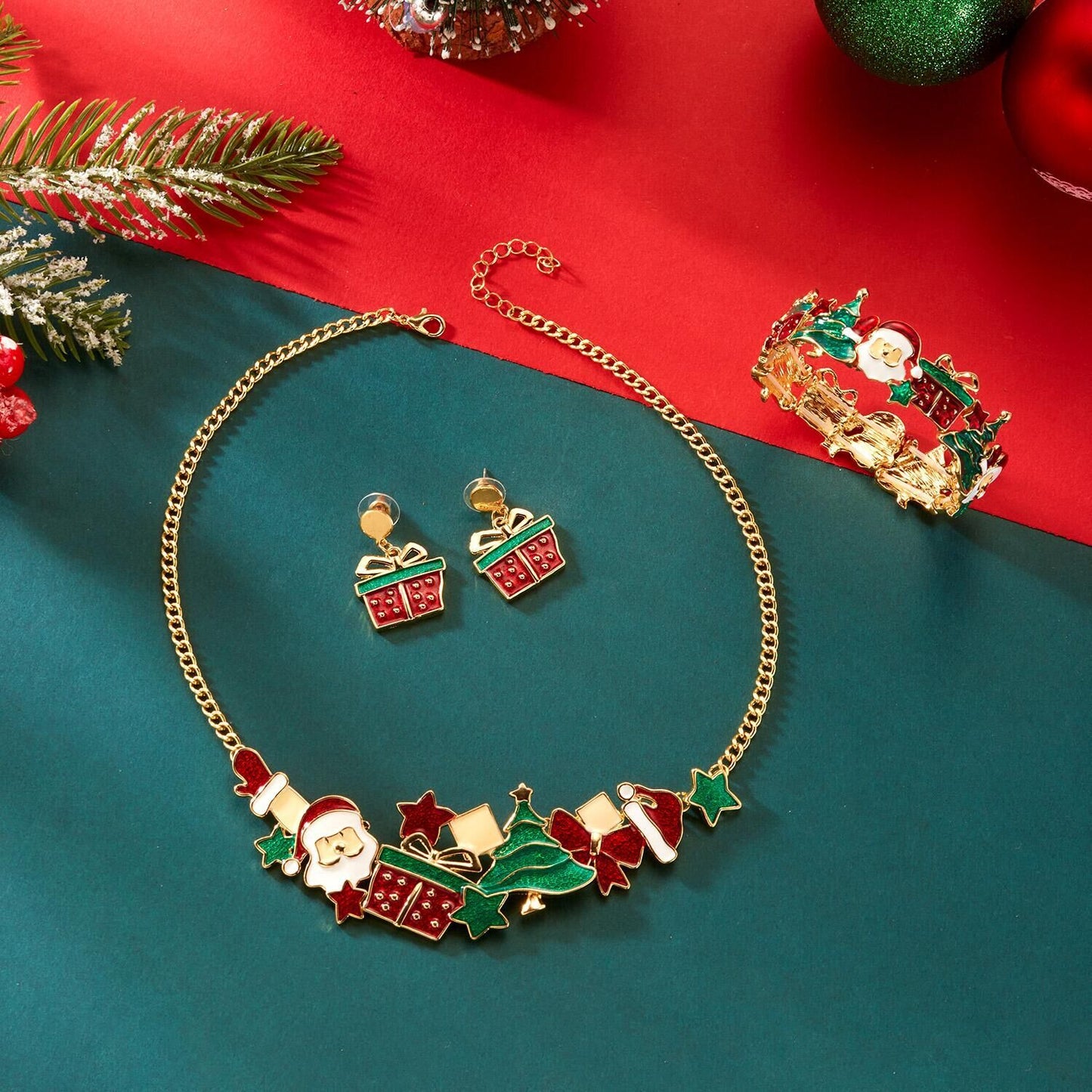 Ensemble Bijoux de Noël – Collier, Bracelet, Boucles & Set complet | Motifs Cadeaux, Rennes, Sapins & Père Noël