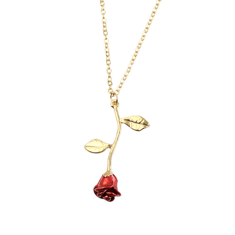 Collier Rose Rouge - Alliage Doré & Pendentif Fleur