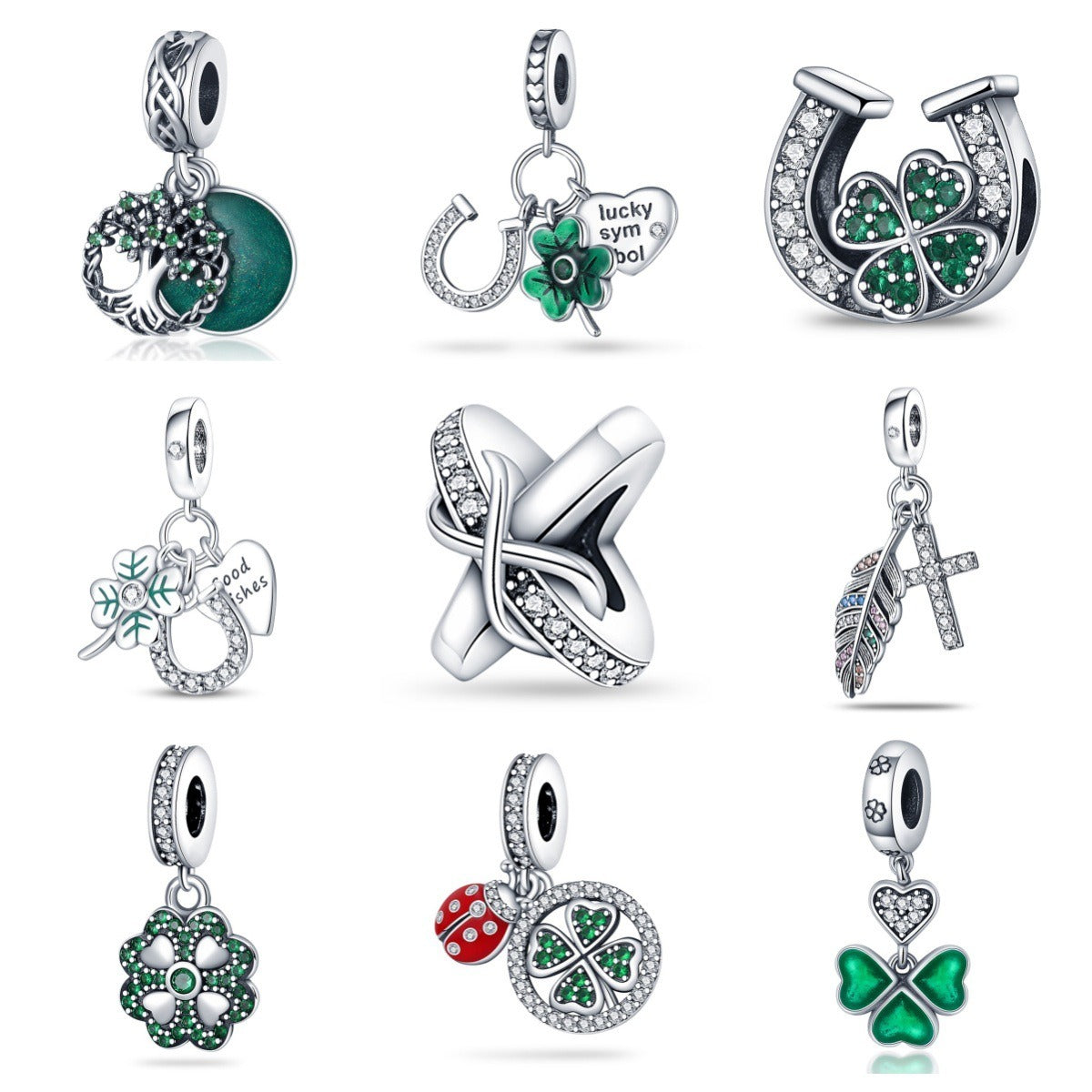Pendentif Fer à Cheval en U avec Trèfle et Arbre de Vœux – Cuivre Plaqué Argent