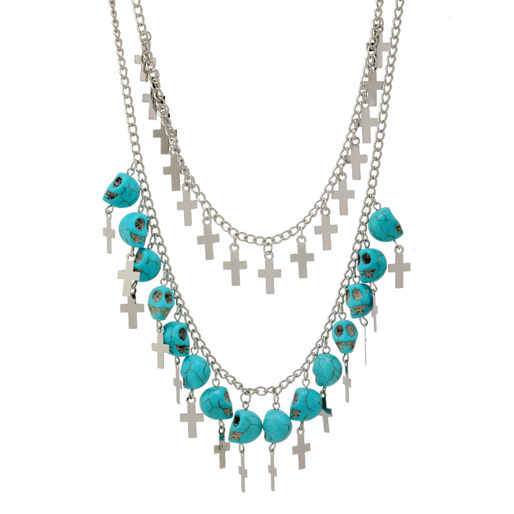 Collier Double Chaîne – Têtes de Mort & Croix Argentées
