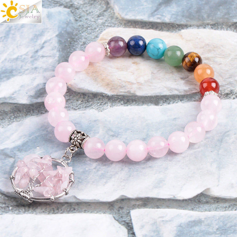Bracelet Arbre de Vie – Quartz Rose & Énergie Positive