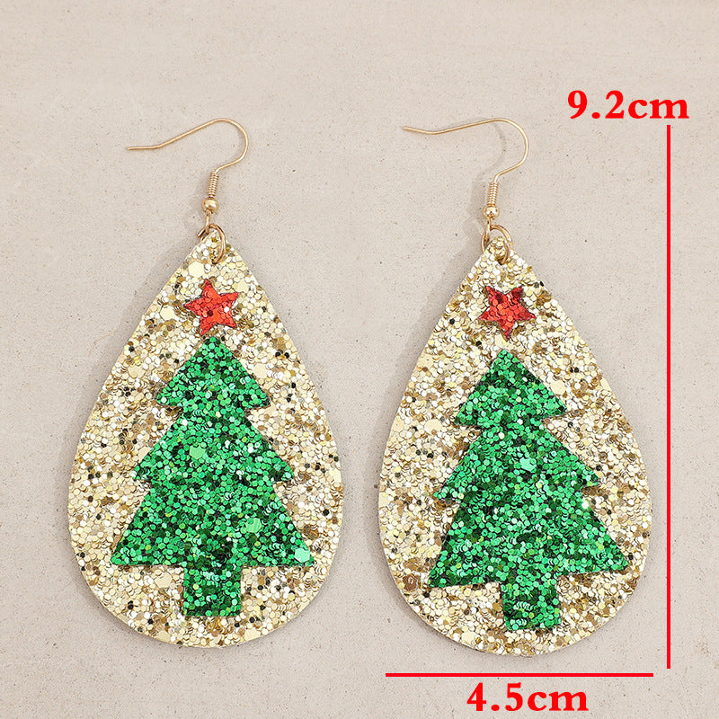 Boucles d’Oreilles Sapin de Noël – Goutte Dorée en Cuir