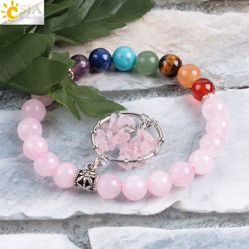 Bracelet Arbre de Vie – Quartz Rose & Énergie Positive