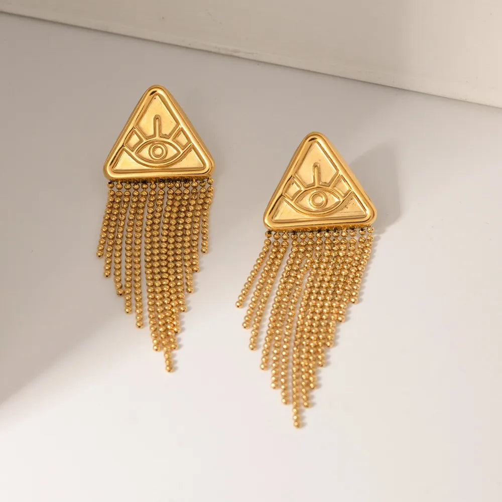 Boucles d’Oreilles Triangle Doré – Œil Mystique & Chaînes Pendantes