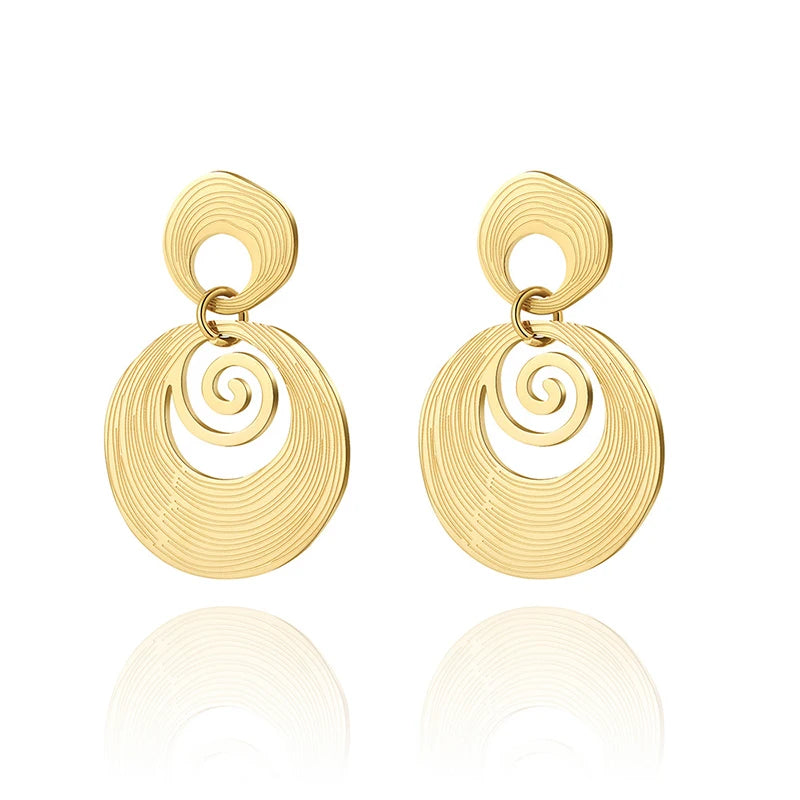 Boucles d’Oreilles Pendantes Rondes – Acier Inoxydable Doré & Design Géométrique