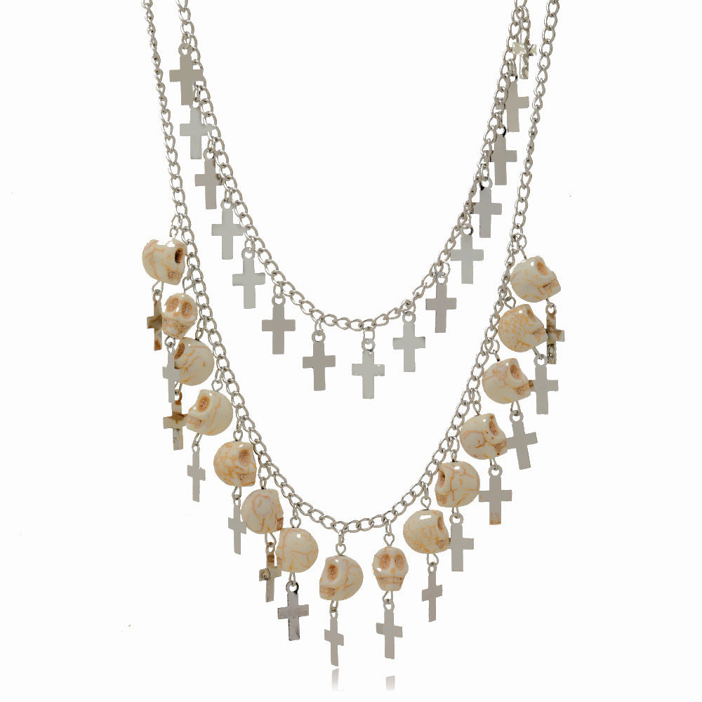 Collier Double Chaîne – Têtes de Mort & Croix Argentées