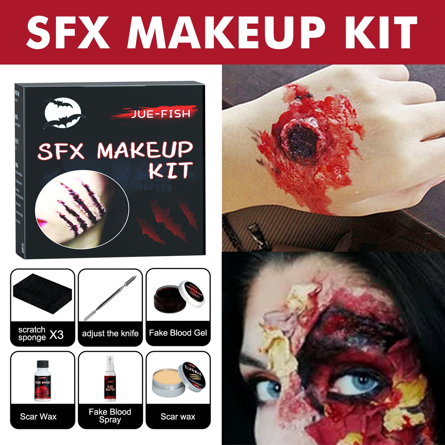 Kit Maquillage Effets Spéciaux – Plaies, Sang & Cire Peau pour Halloween