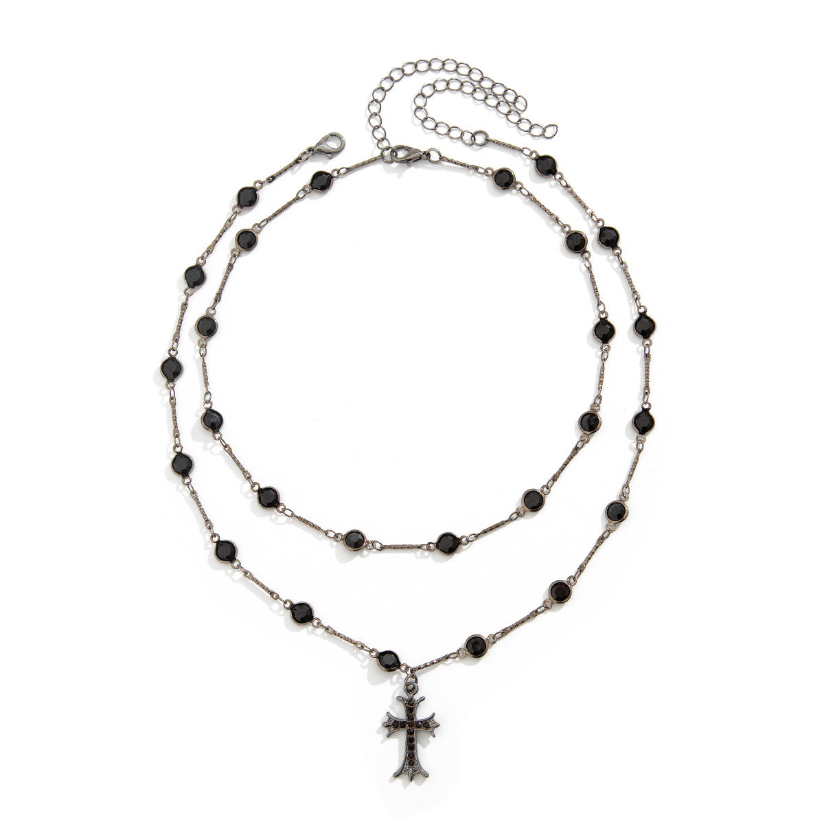 Collier Double Rang – Croix Noire & Perles Sombres