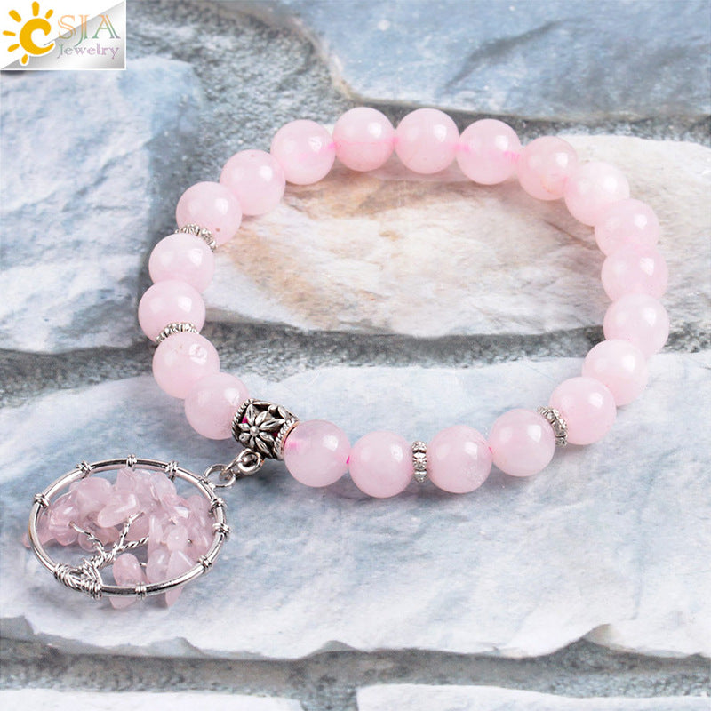 Bracelet Arbre de Vie – Quartz Rose & Énergie Positive
