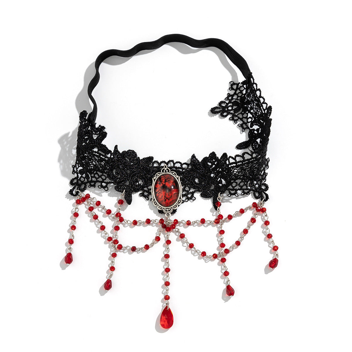 Chaine de Cuisse Gothique – Dentelle Noire & Perles Rouges