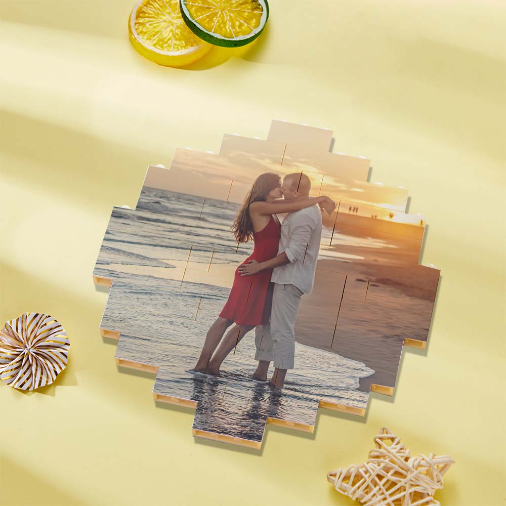 Custom photo brick puzzle featuring a romantic couple on the beach, made of PVC material.