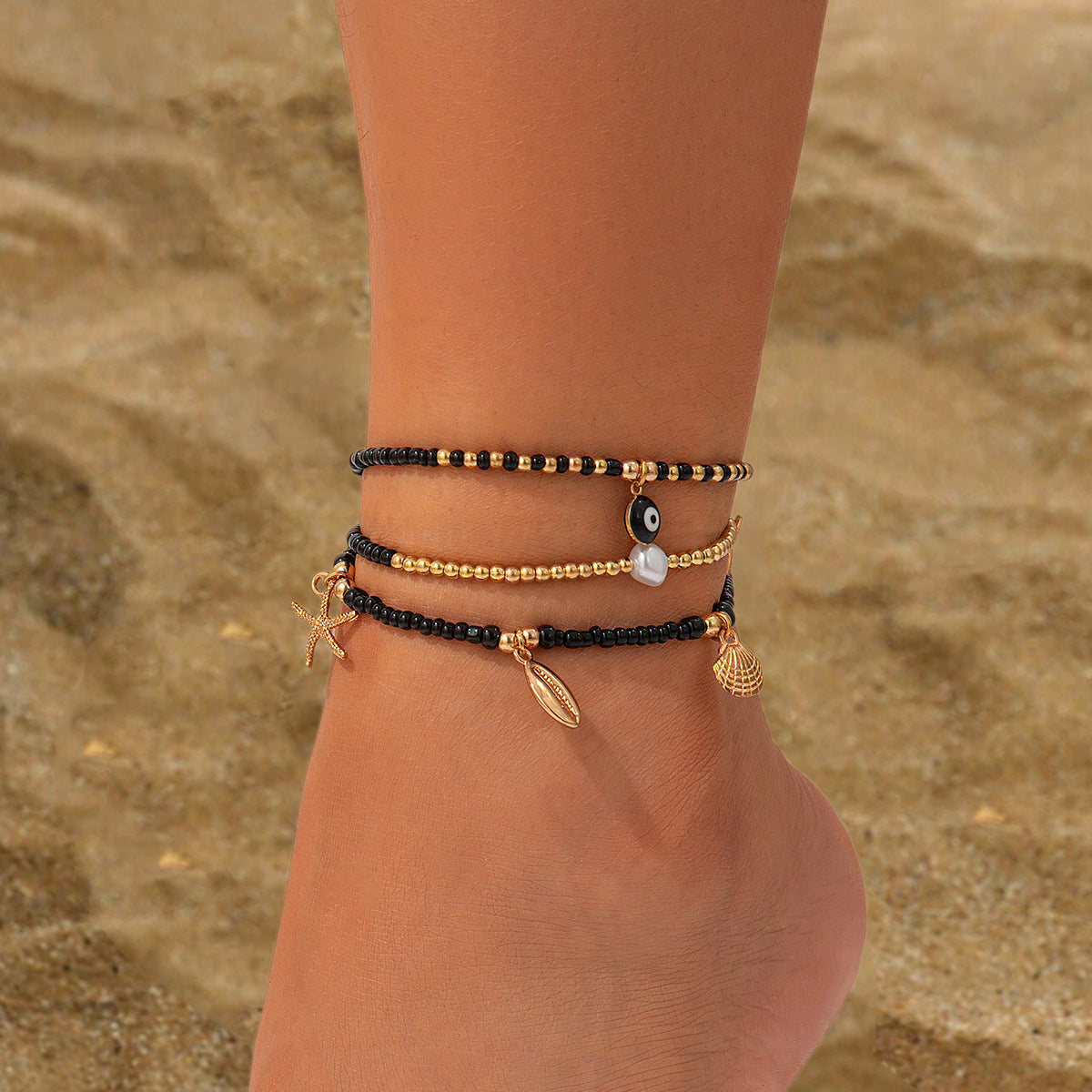Set de Bracelets de Cheville x3 – Perles Colorées & Goutte d’Eau Style Plage