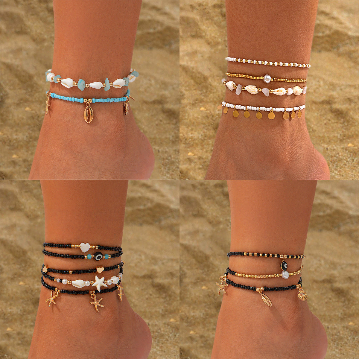 Set de Bracelets de Cheville x3 – Perles Colorées & Goutte d’Eau Style Plage