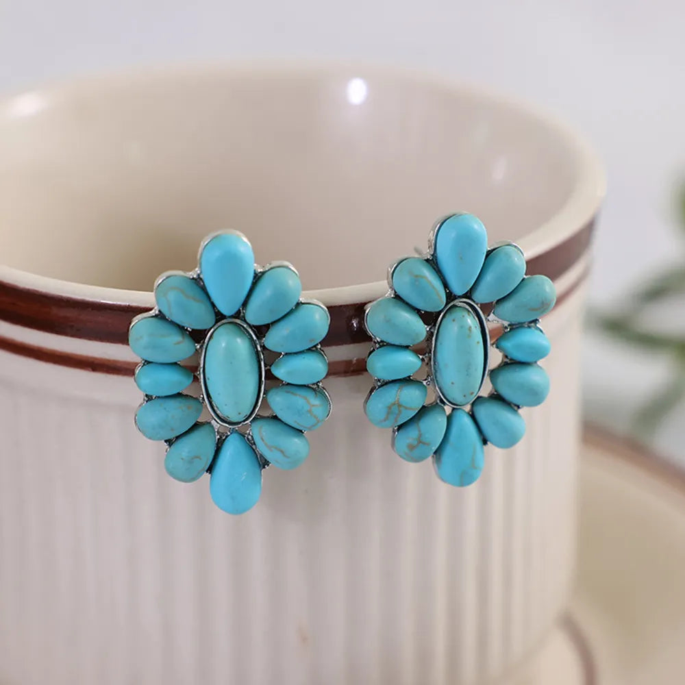 Boucles d’Oreilles Fleur Turquoise – Alliage Doré & Pierre Artificielle