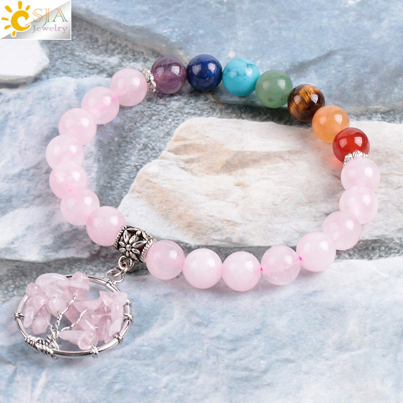 Bracelet Arbre de Vie – Quartz Rose & Énergie Positive