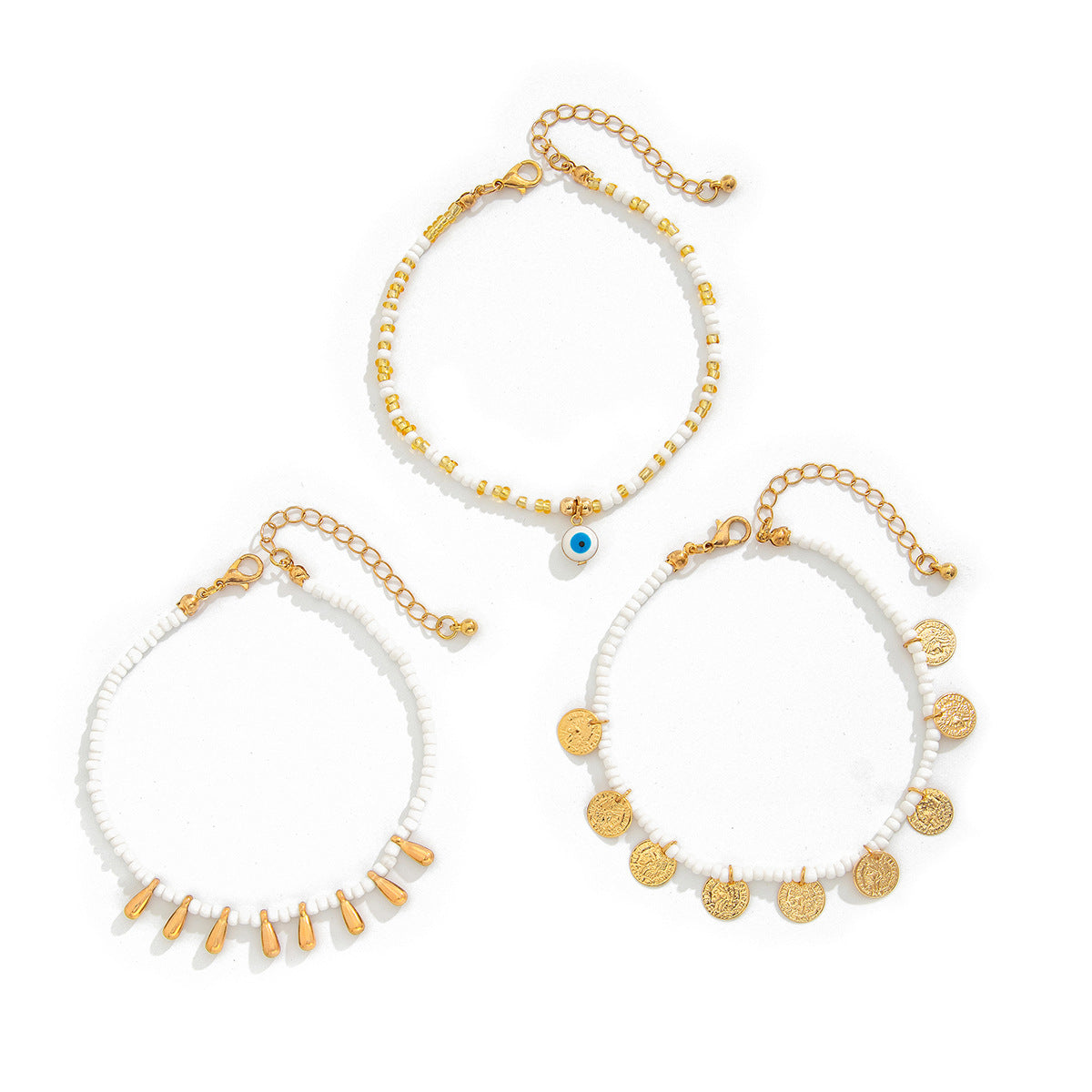Set de Bracelets de Cheville x3 – Perles Colorées & Goutte d’Eau Style Plage