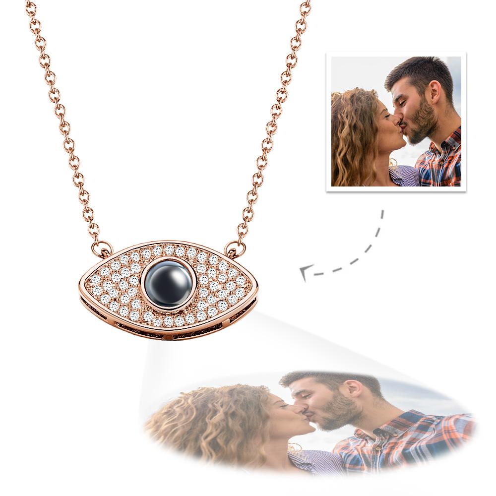 Rose Gold Evil Eye Projection Necklace with Custom Photo - Unique Gift