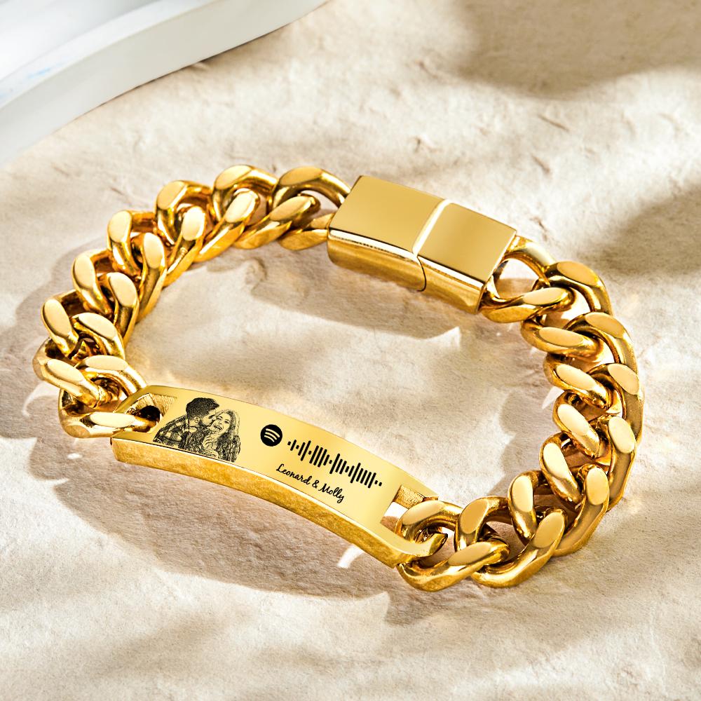 Gold Personalized Spotify Code Bracelet for Him, Engraved with Photo and Song Code, Anniversary Gift