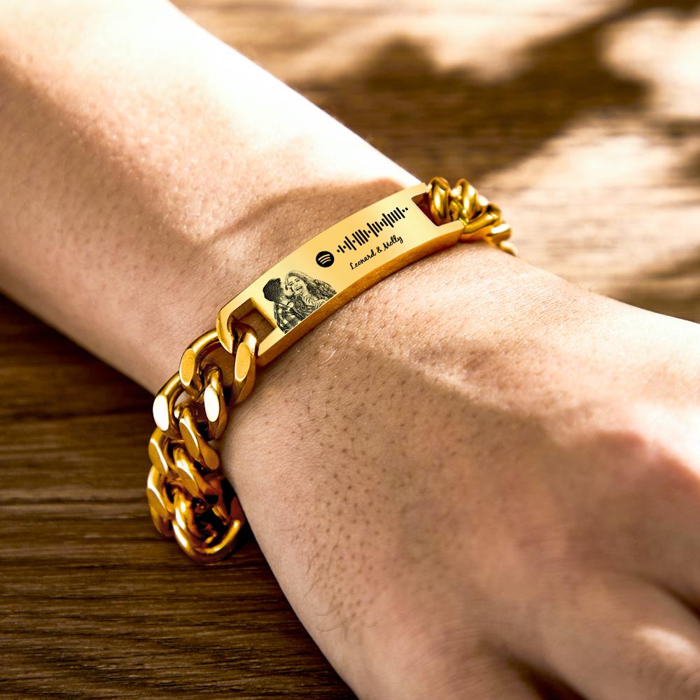 Gold Personalized Spotify Code Bracelet with Photo Engraving, Perfect Anniversary Gift for Him