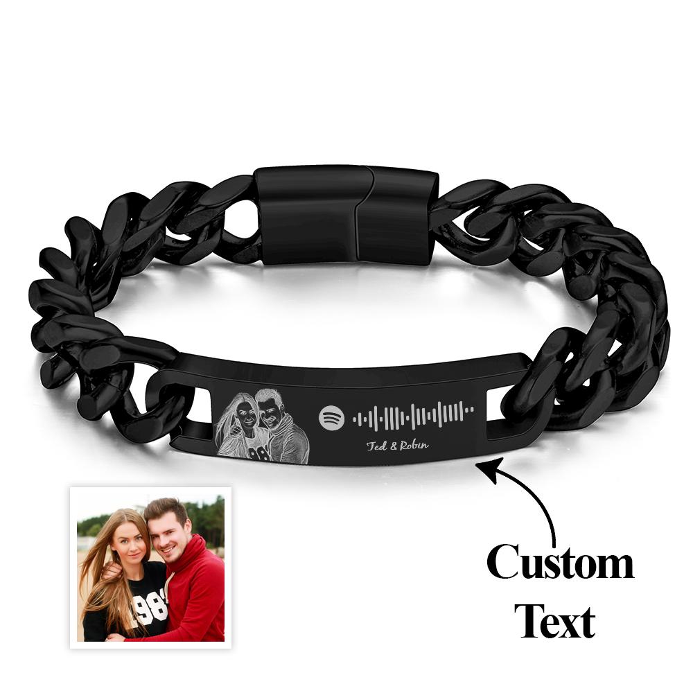 Black personalized Spotify code bracelet for him, engraved with photo and custom text, anniversary gift