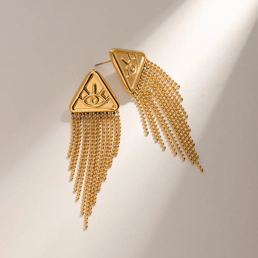 Boucles d’Oreilles Triangle Doré – Œil Mystique & Chaînes Pendantes