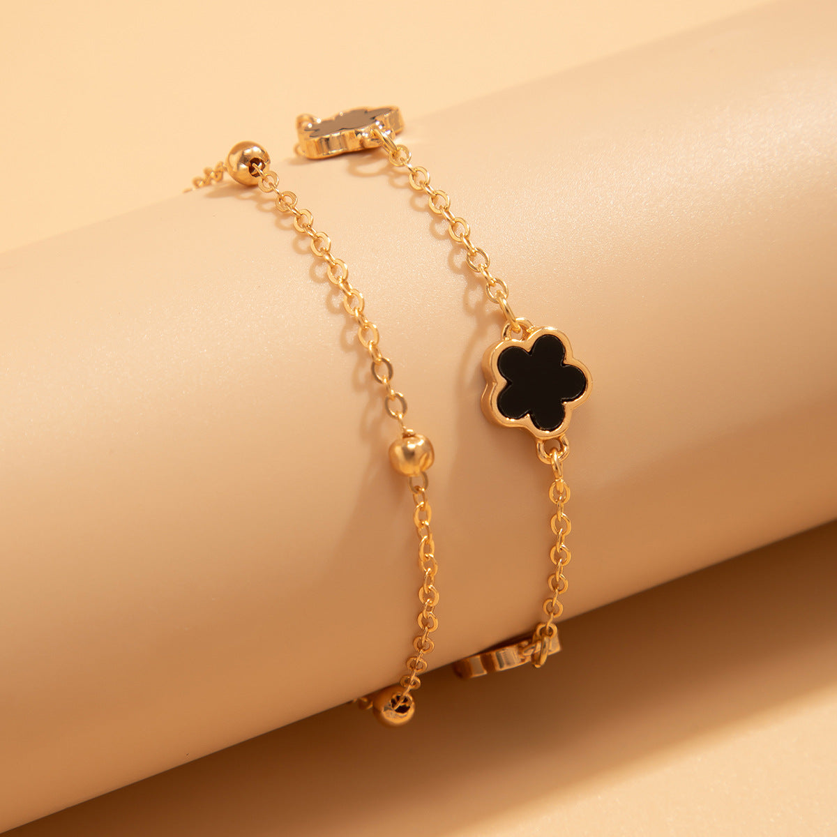 Chaîne de Cheville Double‑Rang Trèfle & Fleurs – Cuivre plaqué Or