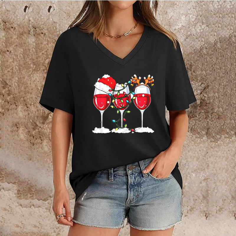 T-shirt de Noël à col en V et manches courtes pour femme