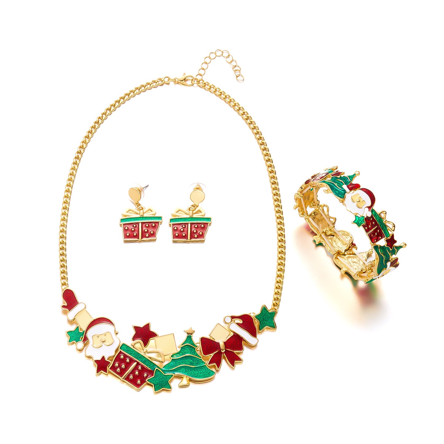 Ensemble Bijoux de Noël – Collier, Bracelet, Boucles & Set complet  | Motifs Cadeaux, Rennes, Sapins & Père Noël