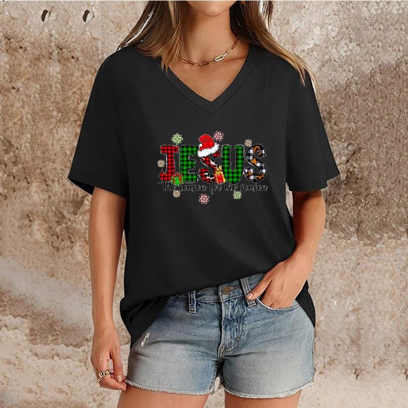 T-shirt de Noël à col en V et manches courtes pour femme