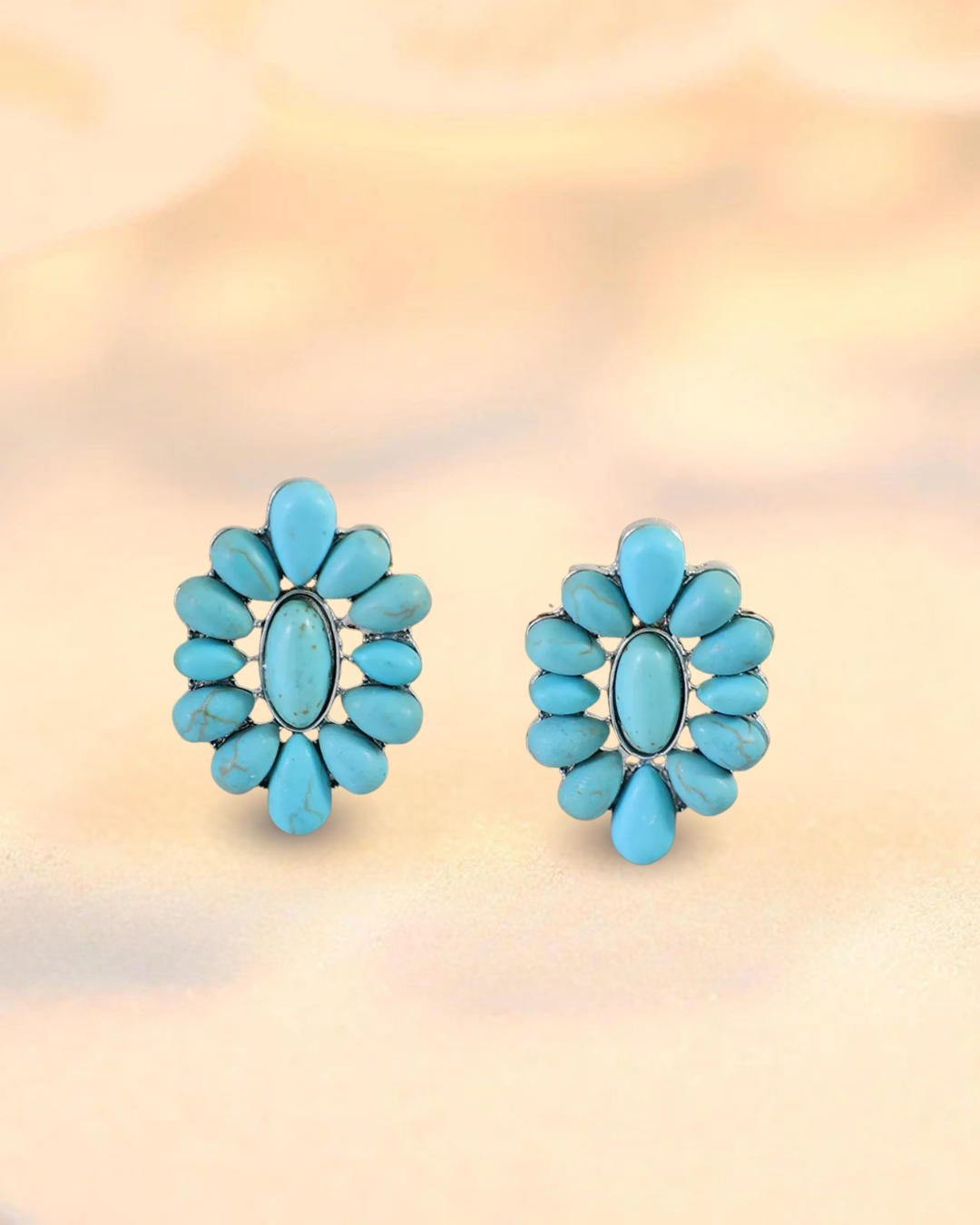 Boucles d’Oreilles Fleur Turquoise – Alliage Doré & Pierre Artificielle