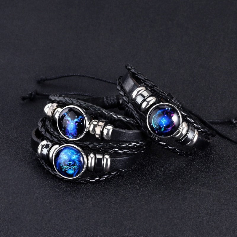 Bracelet Zodiaque Rétro – Cuir Tressé & Bouton Constellation