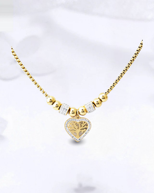 Collier “Arbre du Cœur” – Pendentif doré & perles strassées