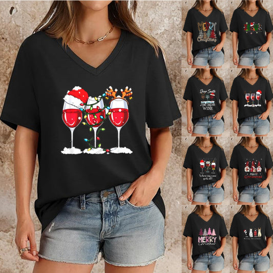 T-shirt de Noël à col en V et manches courtes pour femme