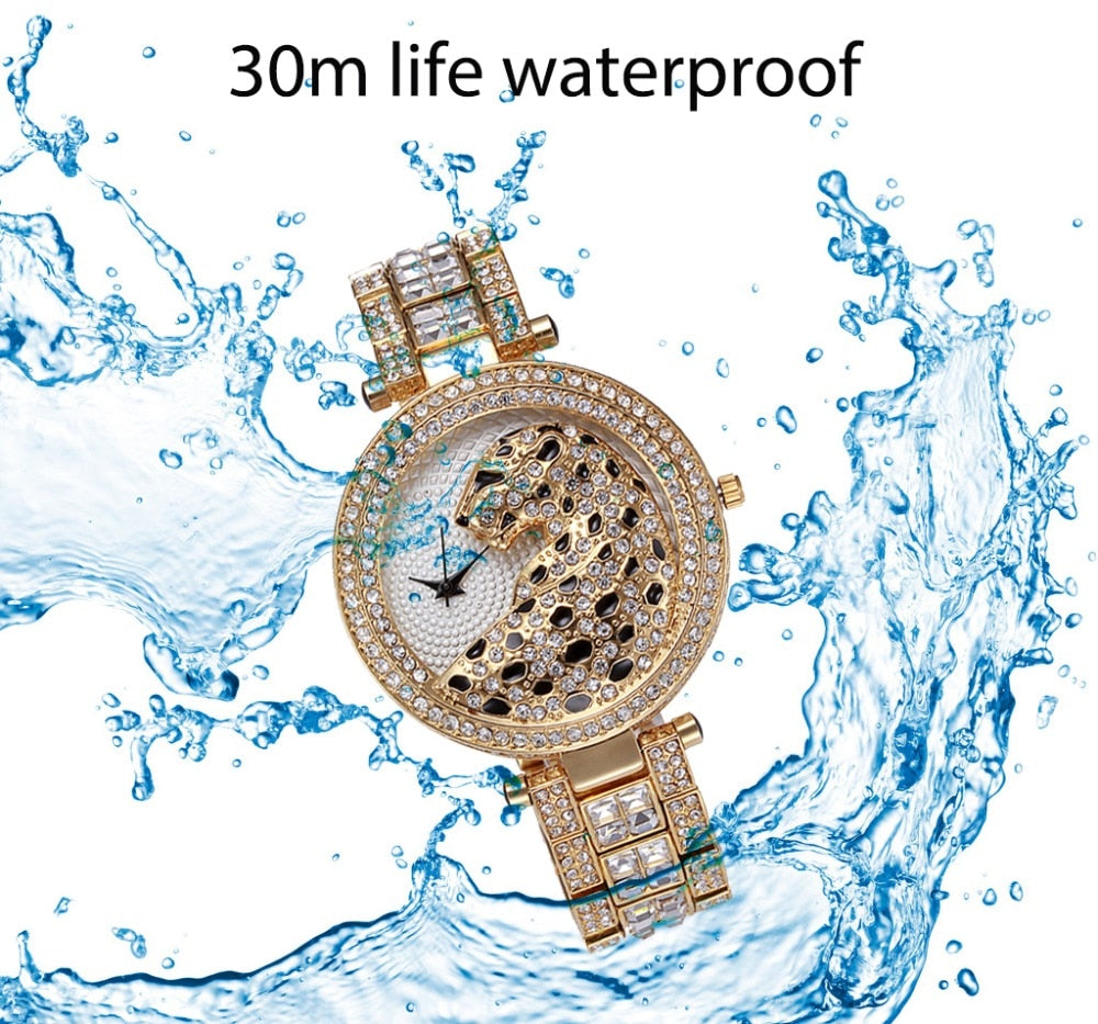 MISSFOX V227 Montre Femme Léopard – Cristaux Brillants & Élégance Dorée