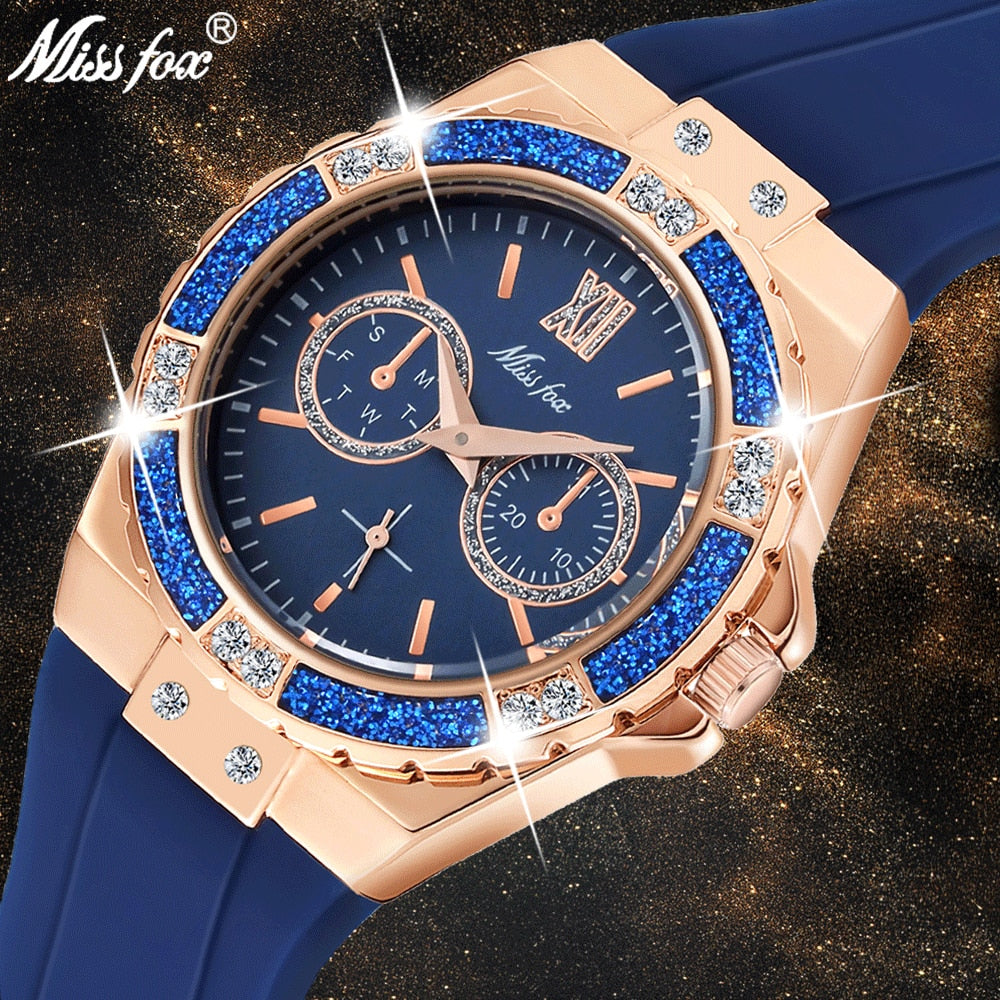 MISSFOX  2593 Montre Femme Chronographe Glam – Cadran Bleu & Détails Rose Gold