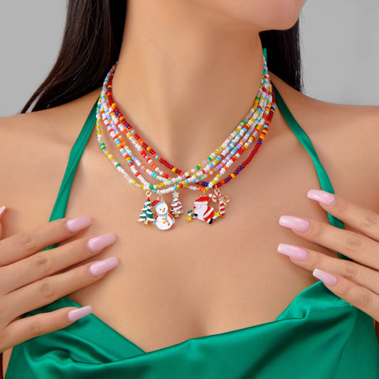 Collier de Perles Colorées – Édition Noël  | Multi-rangs & Breloques Festives