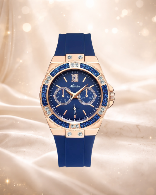 MISSFOX  2593 Montre Femme Chronographe Glam – Cadran Bleu & Détails Rose Gold