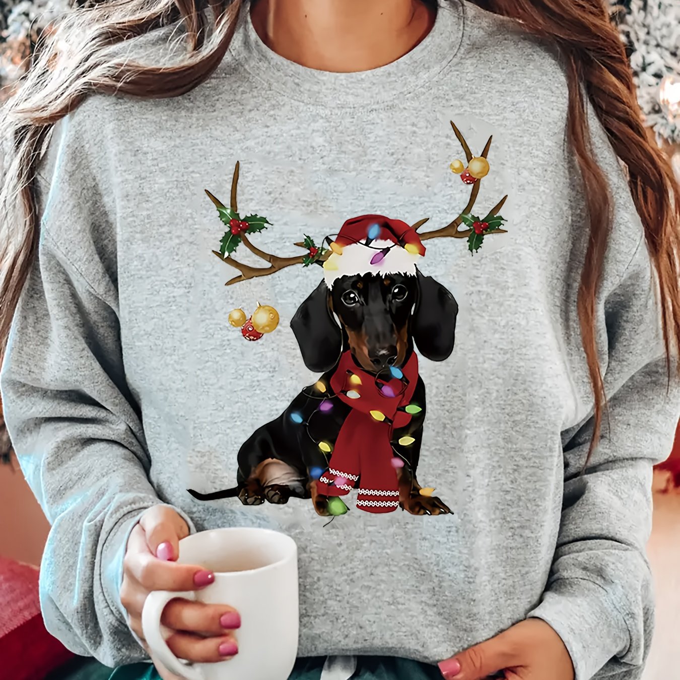 Sweat de Noël Femme – Motif Chien Festif & Guirlande